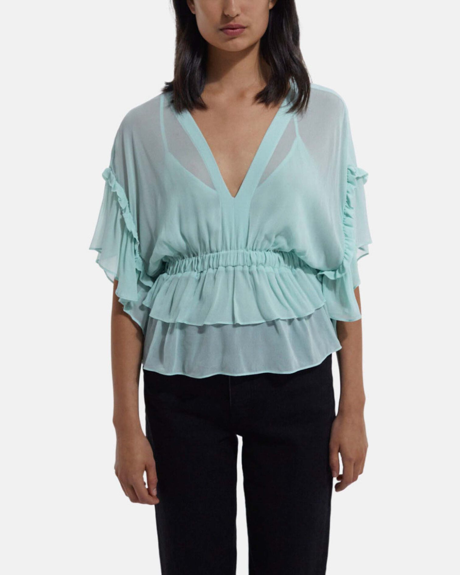 Ruffled short sleeved top, GREEN, hi-res image number null