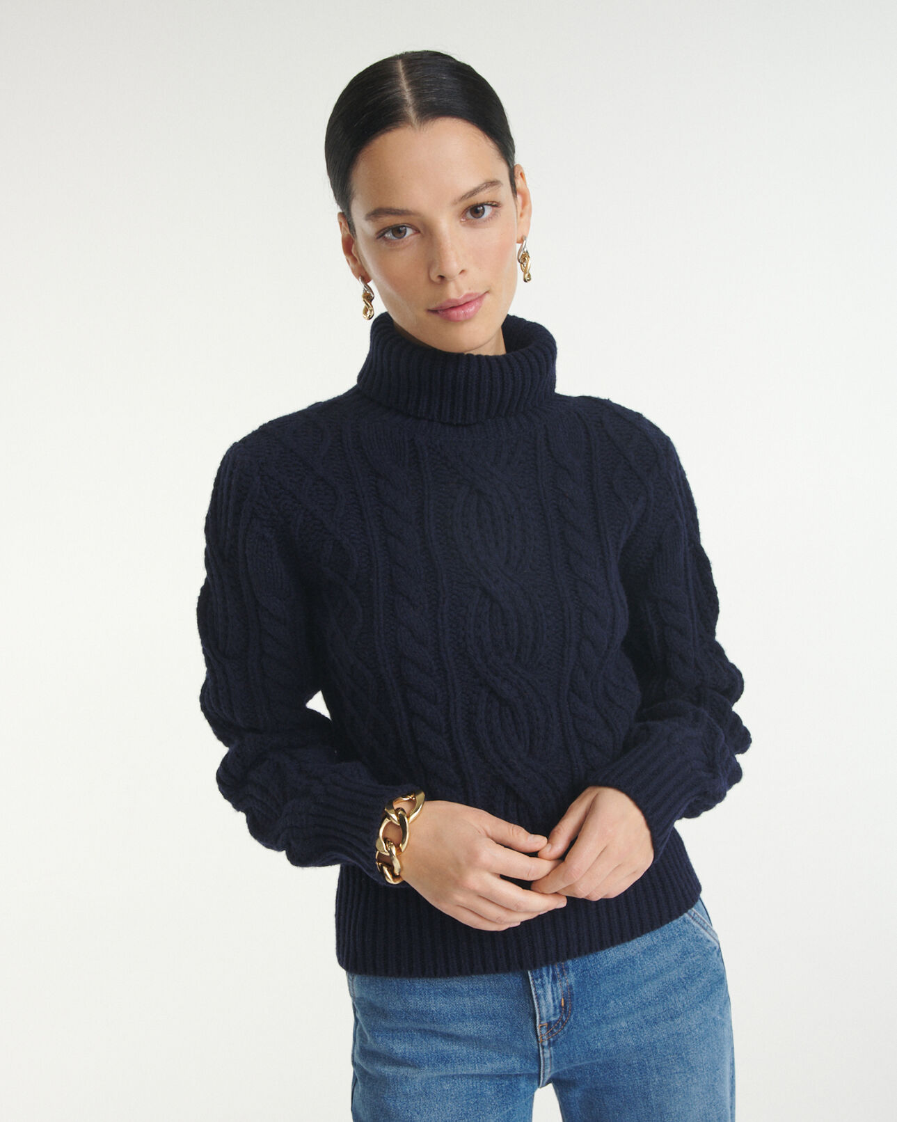 The Kooples DAMEN NAVY wollpullover zopf marineblau rollkragen