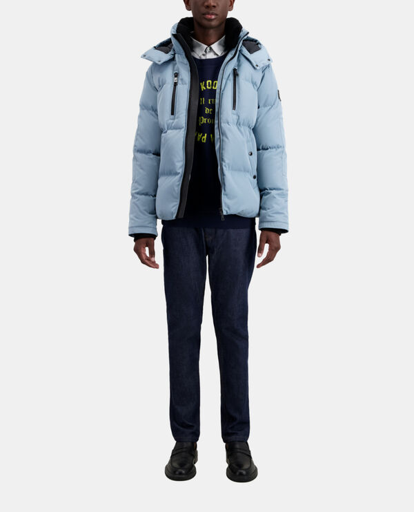 blue hooded puffer jacket