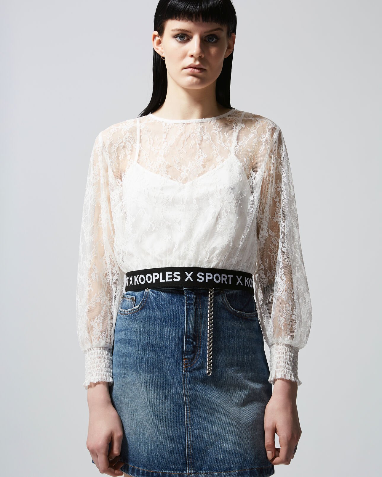 The Kooples WOMEN ECRU ecru lace top with long sleeves and logo