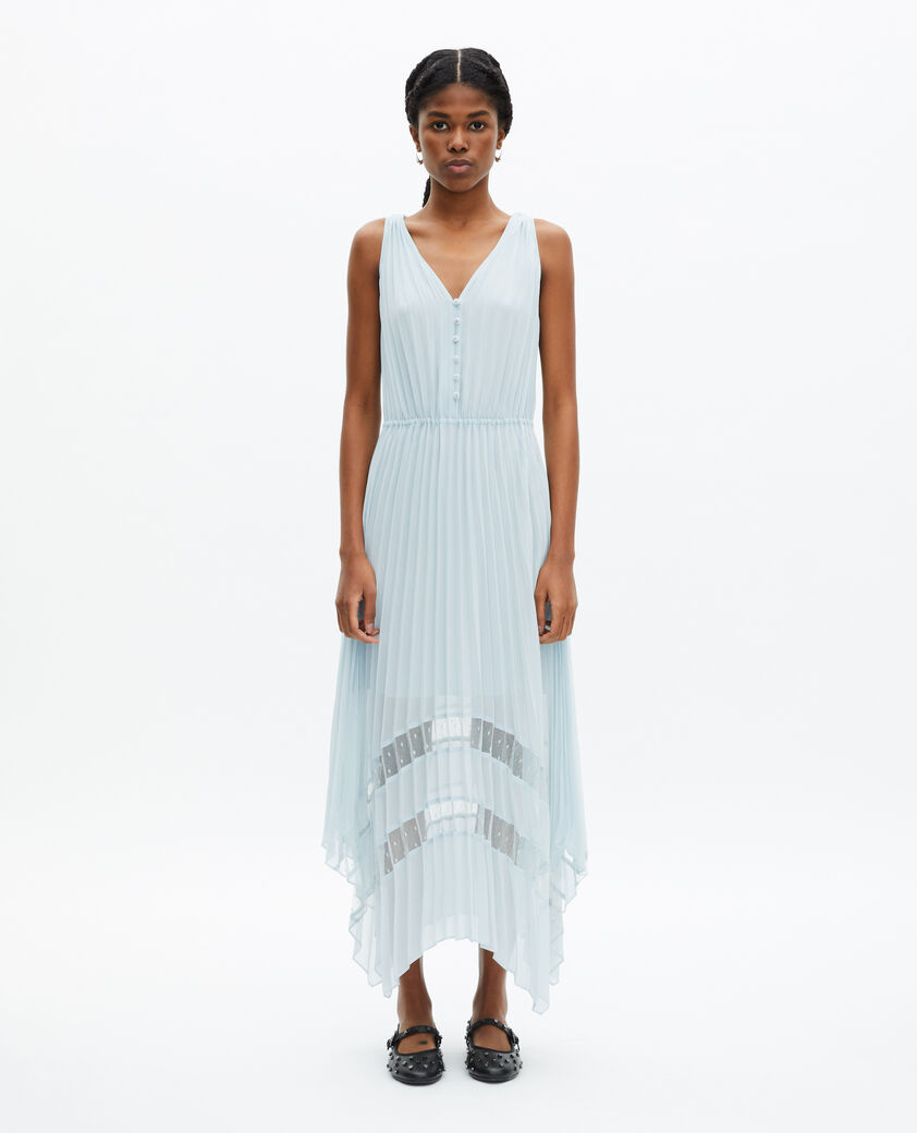 The Kooples FEMME BABY BLUE robe longue avec plissage bleue clair et plumetis
