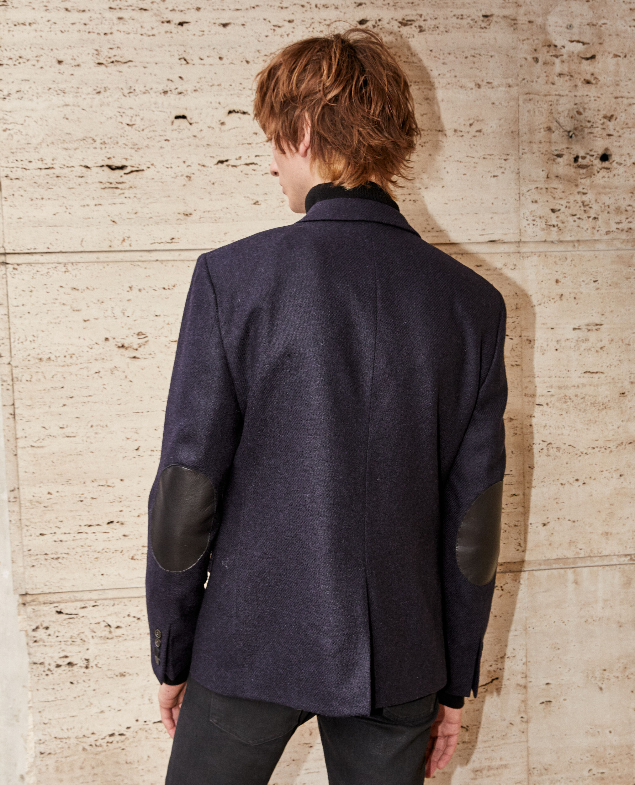 Black wool jacket with leather elbow patches, DARK NAVY, hi-res image number null