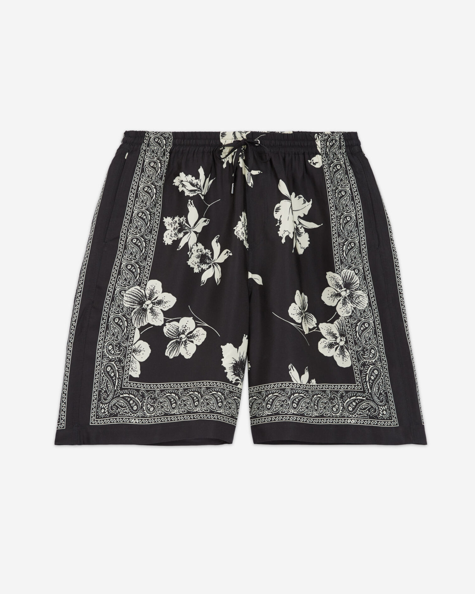 Flowing black - white shorts w/ floral motif, BLACK WHITE, hi-res image number null