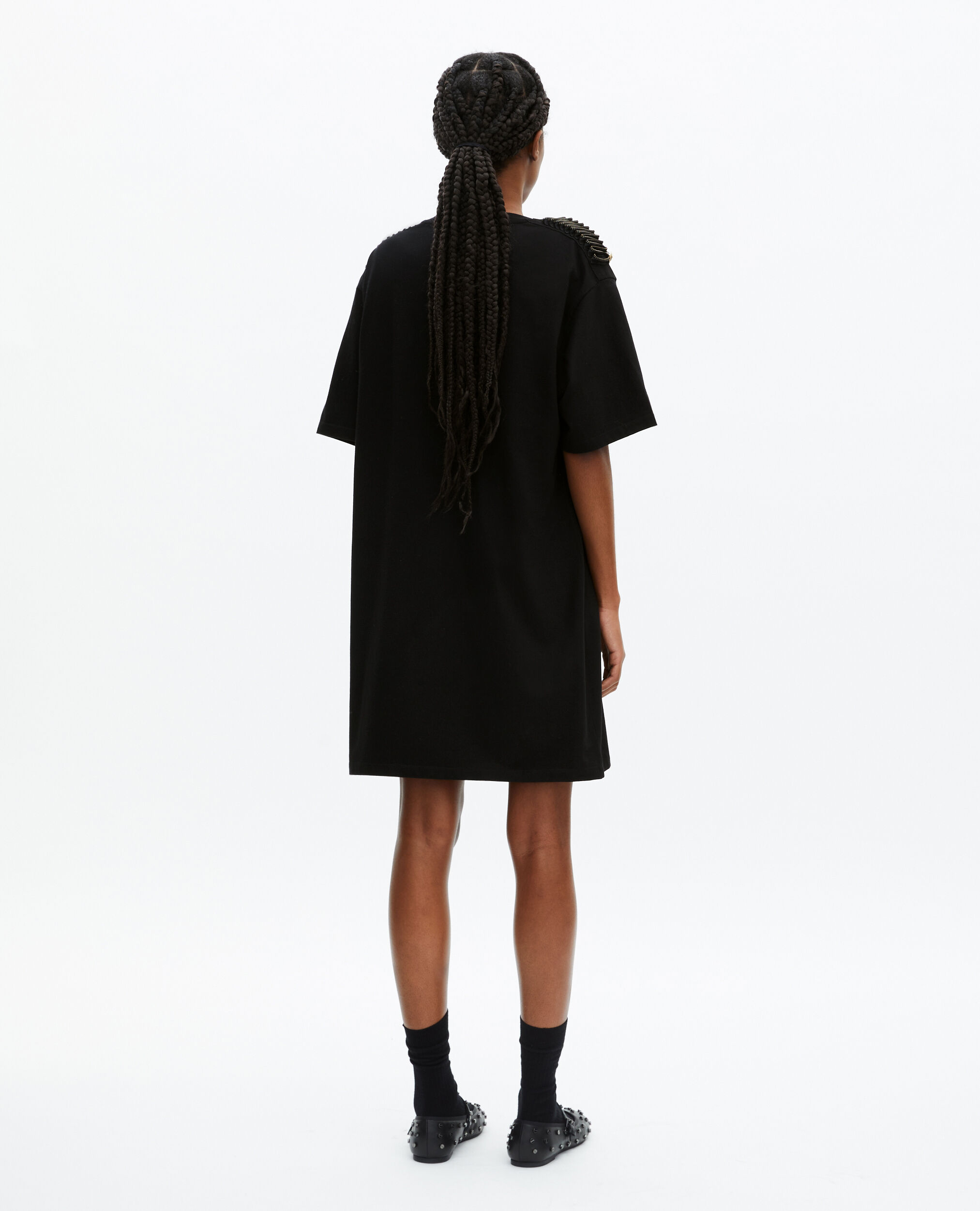 Short black dress with shoulder pads, BLACK WASHED, hi-res image number null