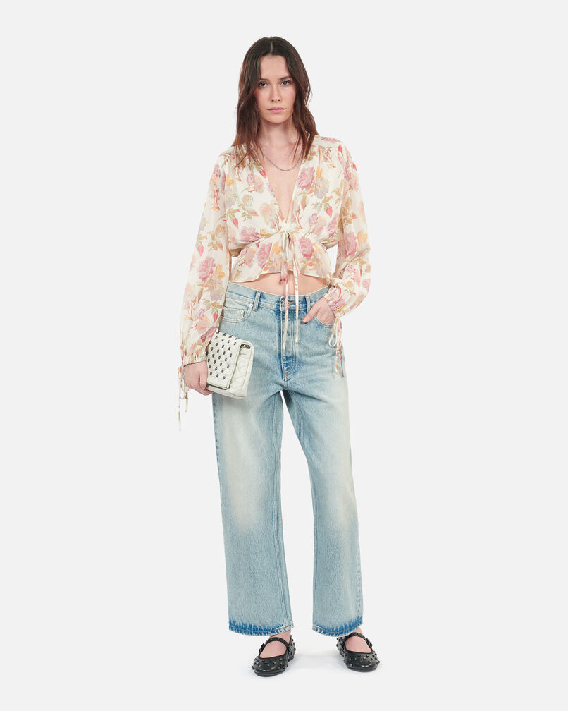 The Kooples FEMME BEIGE / RED top imprimé fleuri en soie avec volants