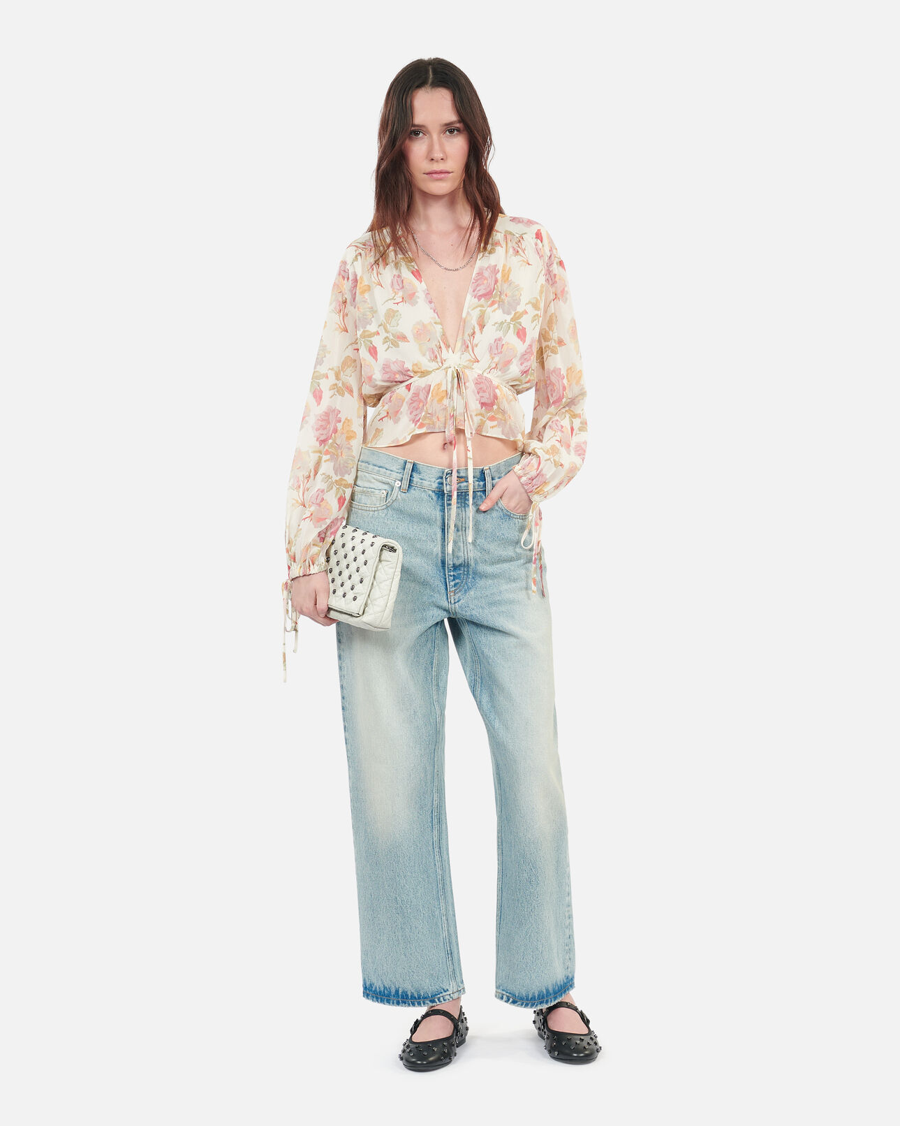 The Kooples FEMME BEIGE / RED top imprimé fleuri en soie avec volants