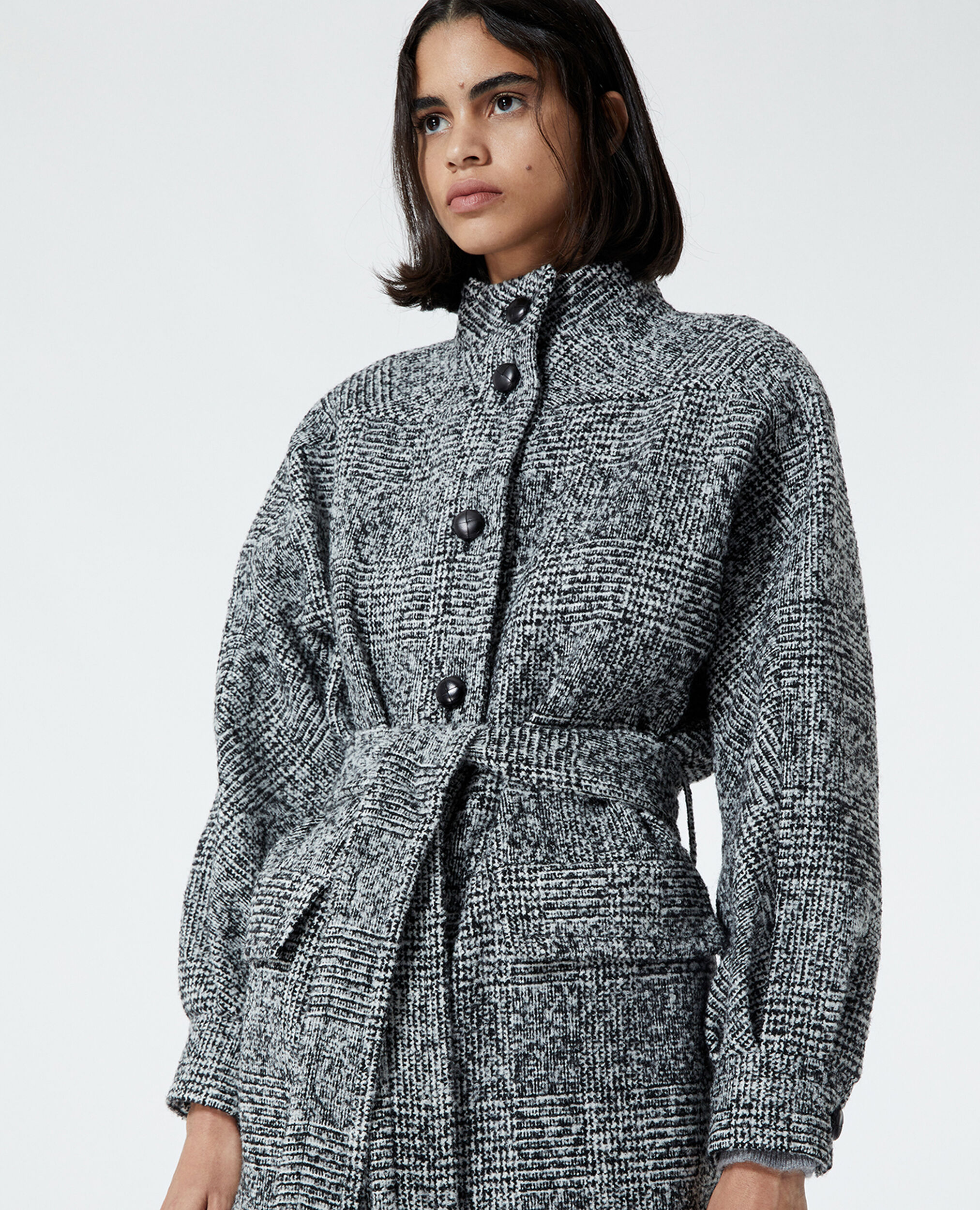 Manteau laine noir à col montant, BLACK-ECRU, hi-res image number null