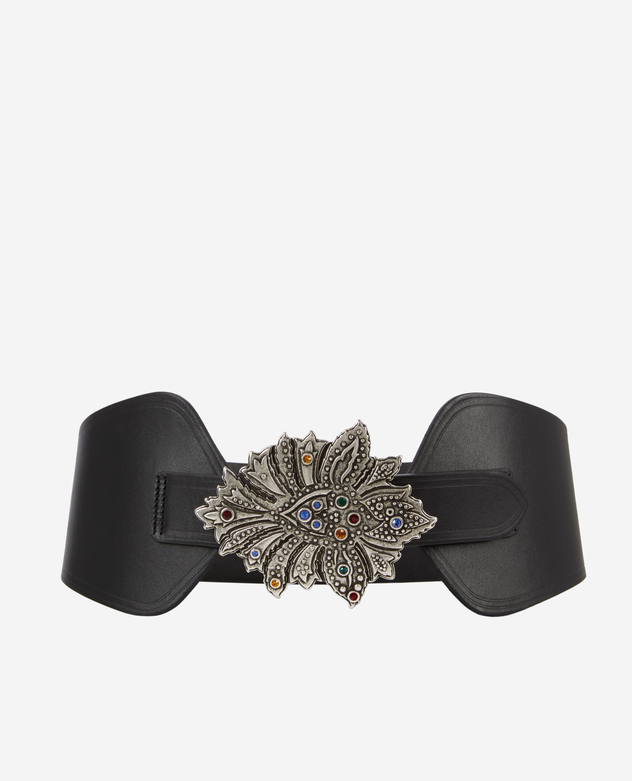 Wide black leather belt with flower buckle, BLACK, hi-res image number null