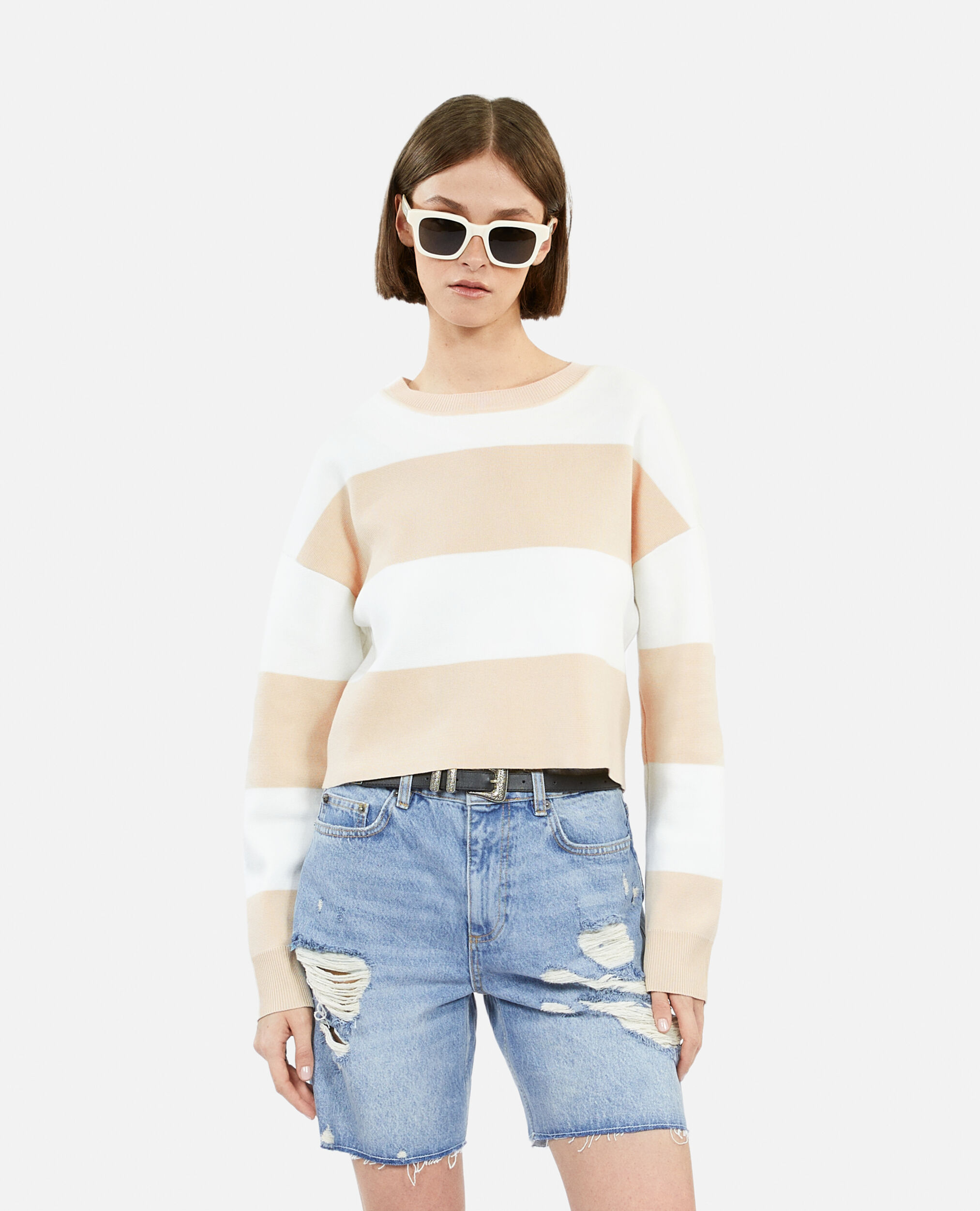 Striped cotton sweater, BEIGE ECRU, hi-res image number null