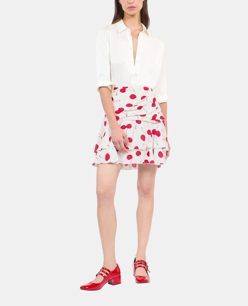 The Kooples DAMEN ECRU RED kurzer drapierter rock mit kirschendruck
