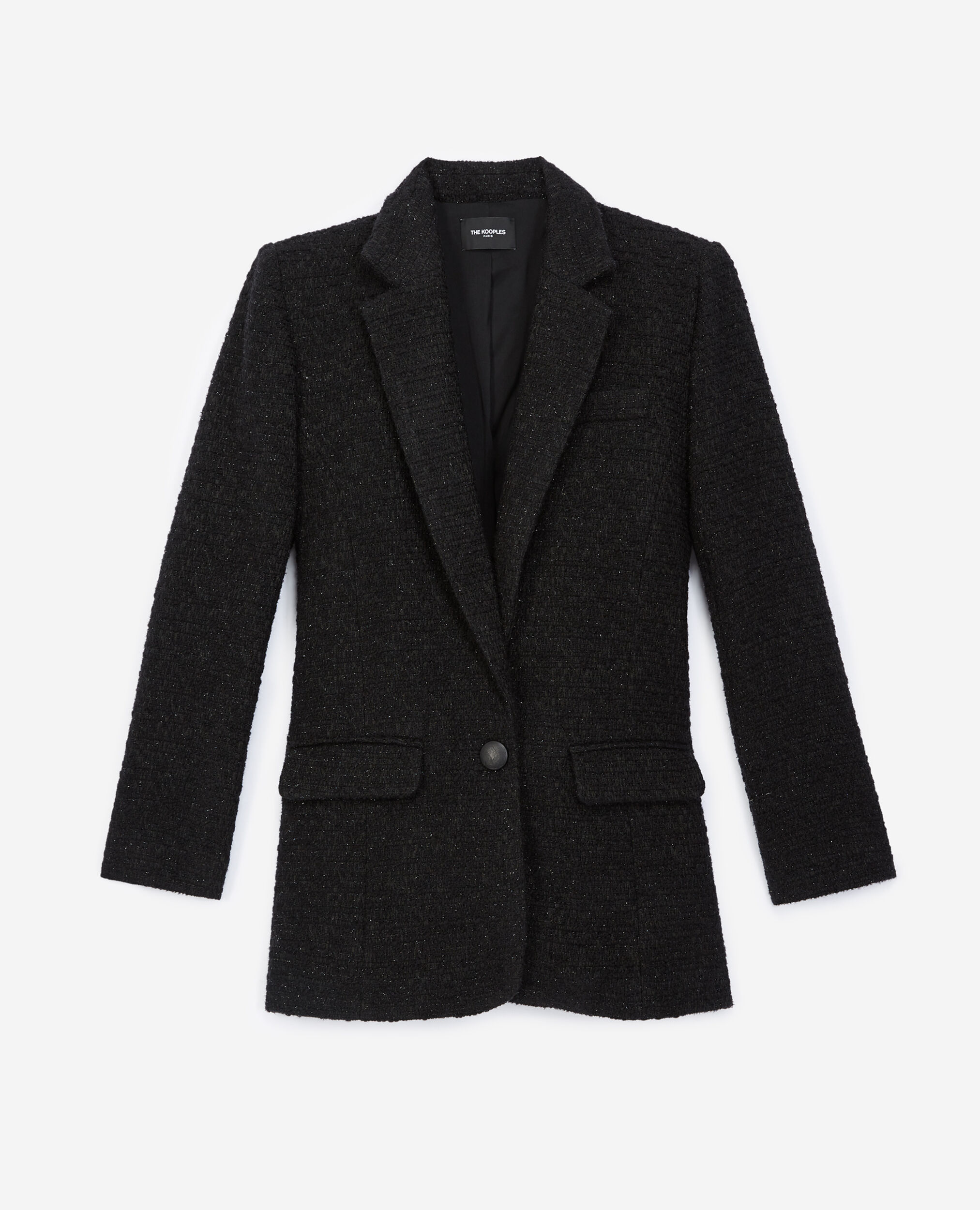 Schwarzer Tweed-Blazer mit Knopfverschluss, BLACK, hi-res image number null