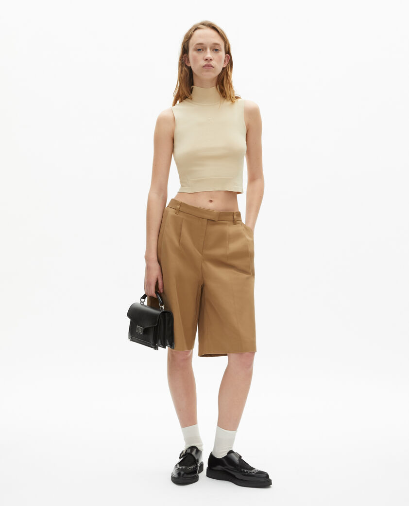 The Kooples WOMEN BROWN camel cotton and linen bermuda shorts