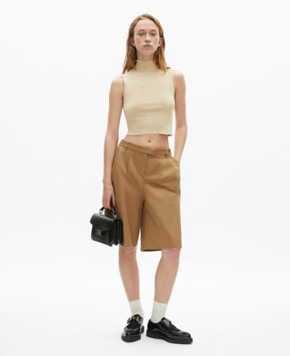 The Kooples WOMEN BROWN camel cotton and linen bermuda shorts