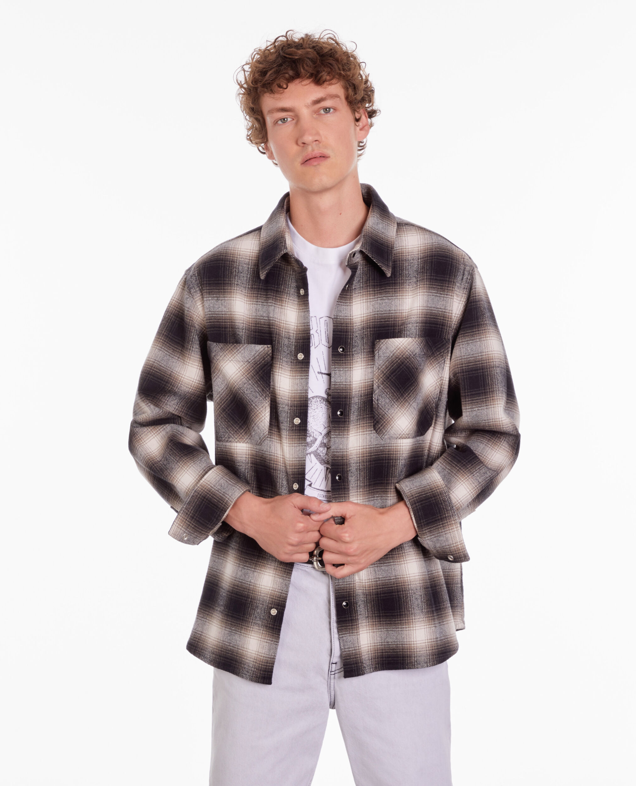 Black and white checkered overshirt, BLACK GREY, hi-res image number null