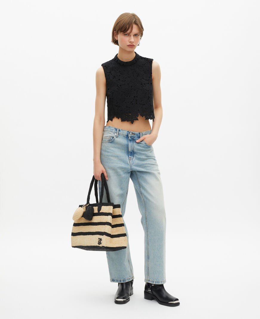 The Kooples FEMME ECRU BLACK sac cabas en raphia noir et écru