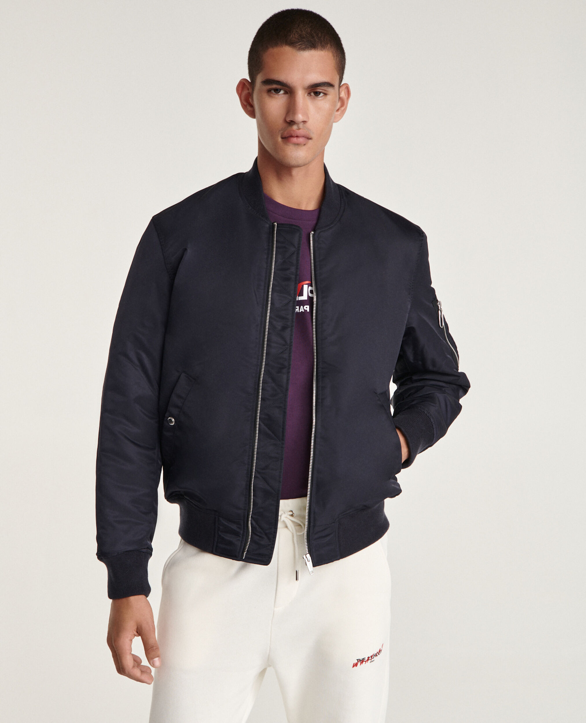 Quilted technical navy blue bomber jacket