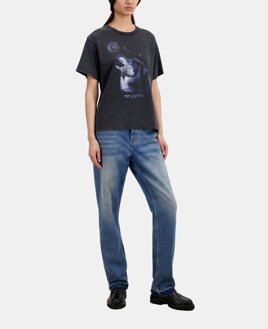 The Kooples F BLACK WASHED women's black t-shirt with wolf serigraphy
