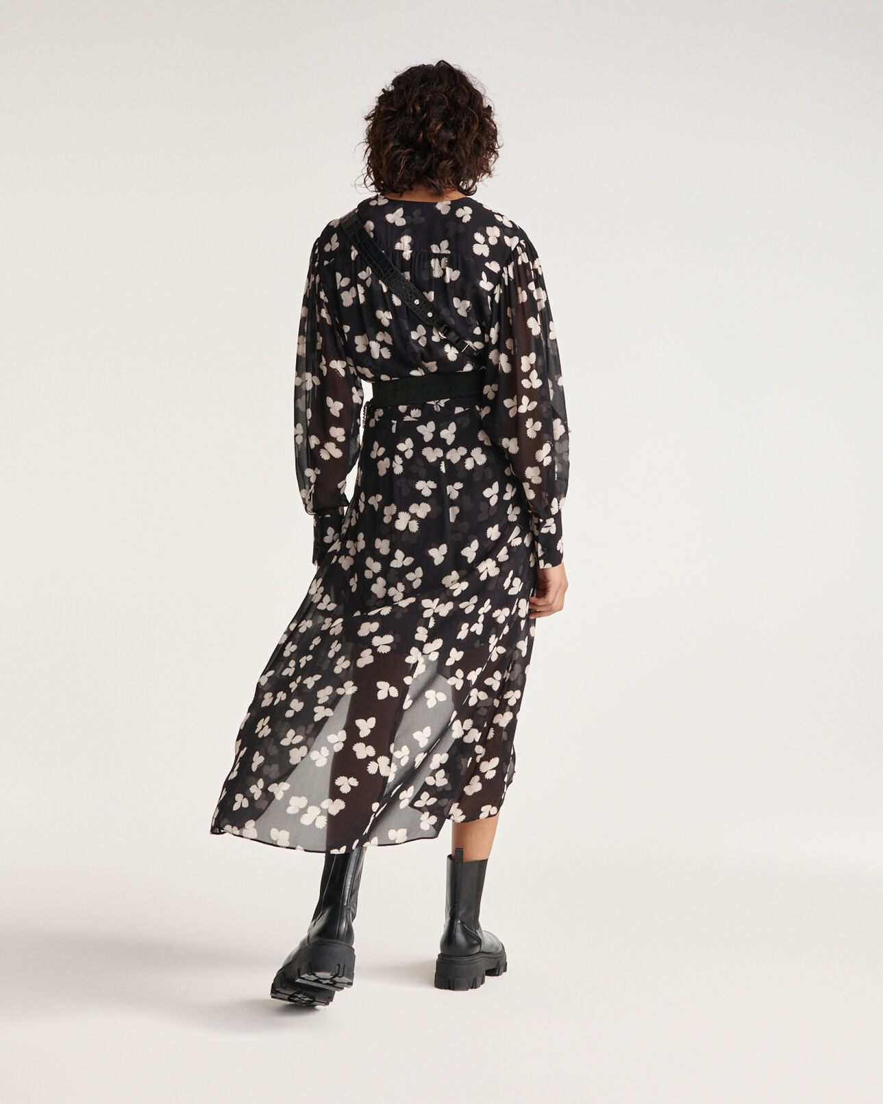 The Kooples FEMME BLACK-ECRU robe longue noire fleurie asymétrique