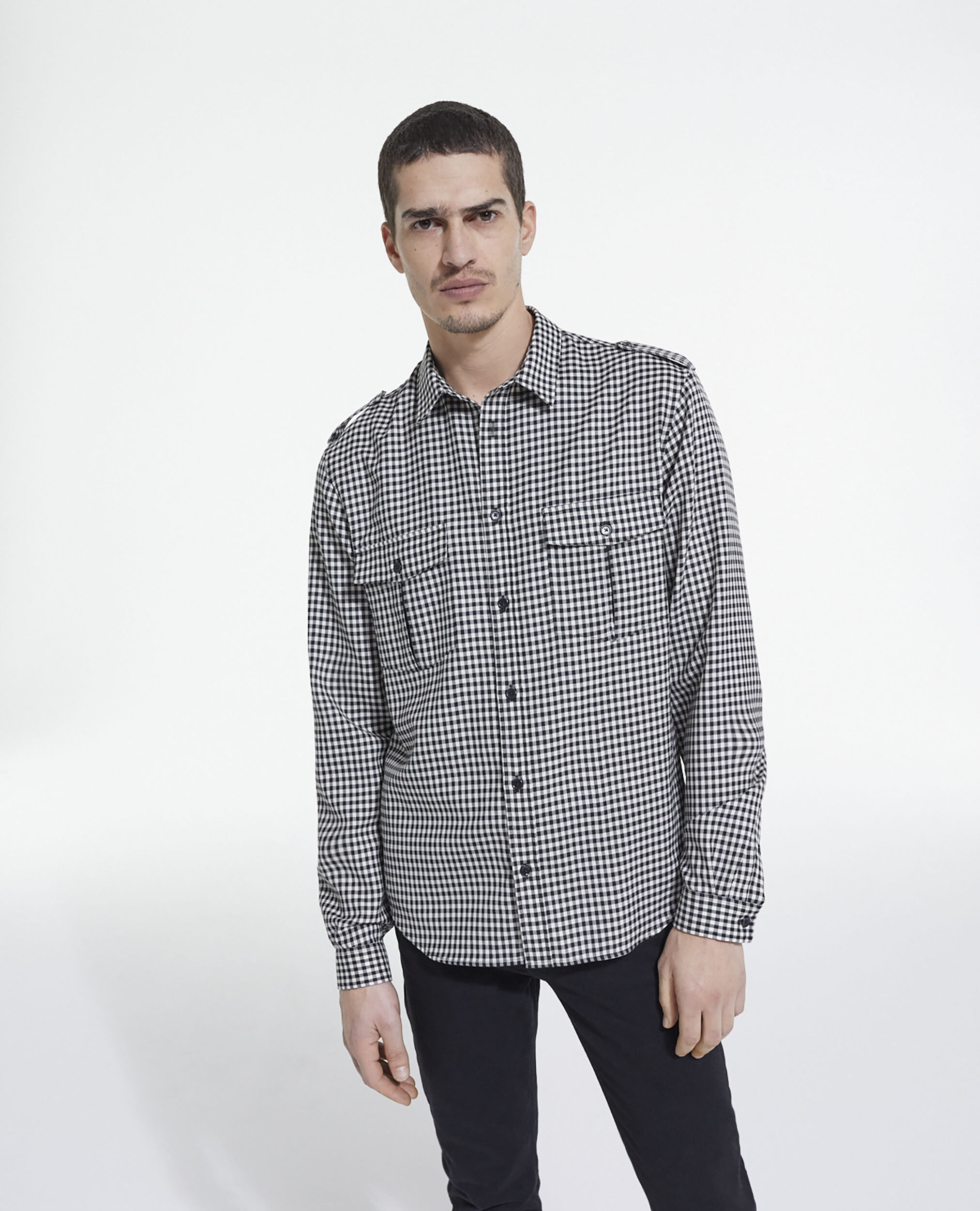 Chemise col classique en laine à carreaux, BLACK WHITE, hi-res image number null