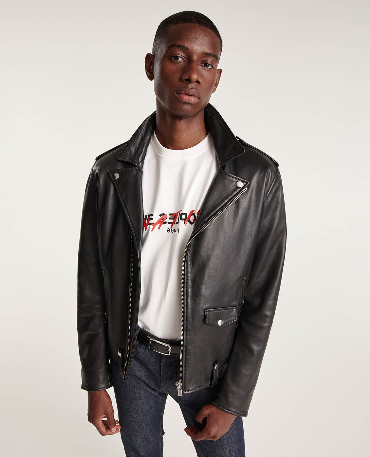 Zipped black leather biker jacket The Kooples US