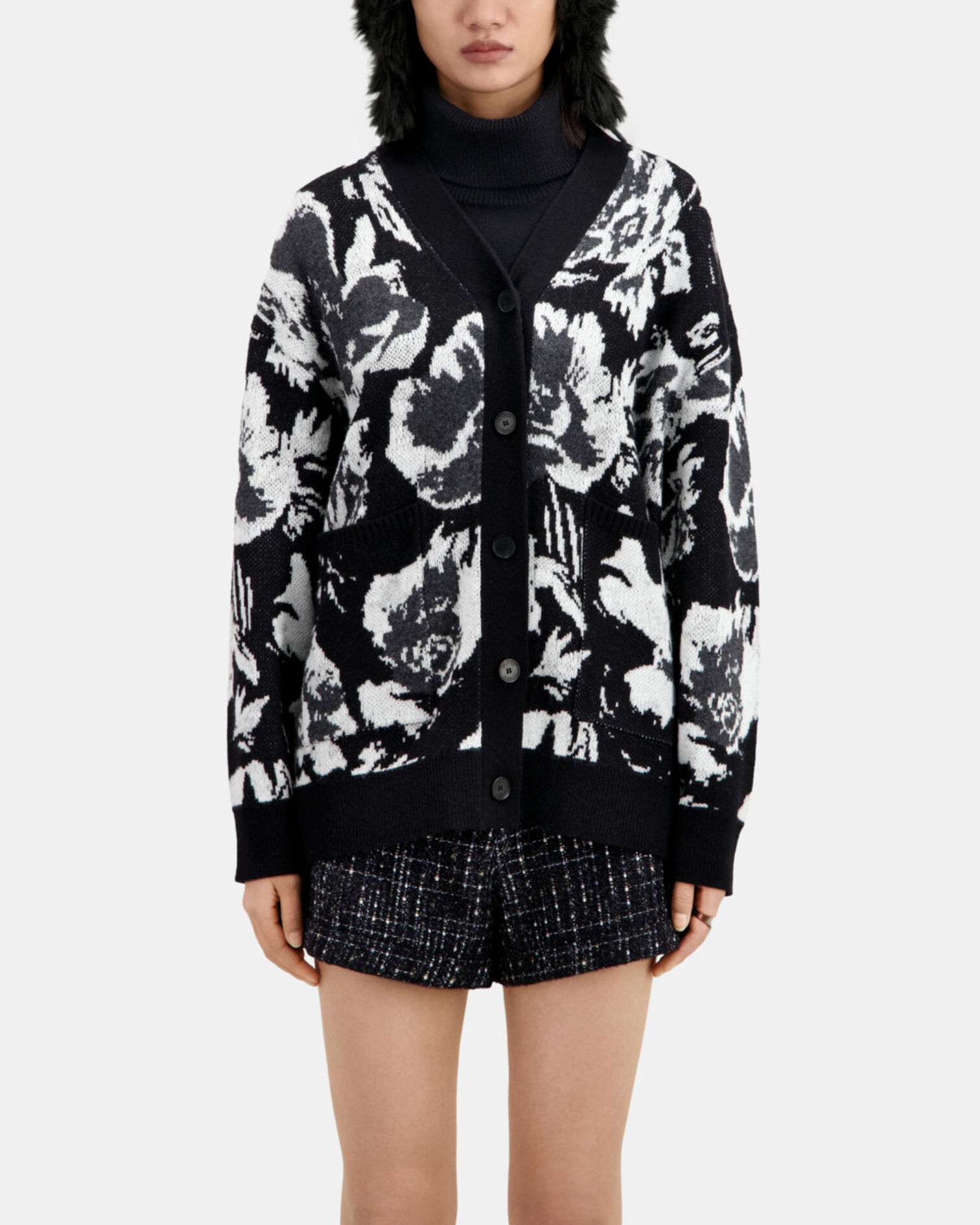 Wool-blend floral cardigan, BLACK WHITE, hi-res image number null