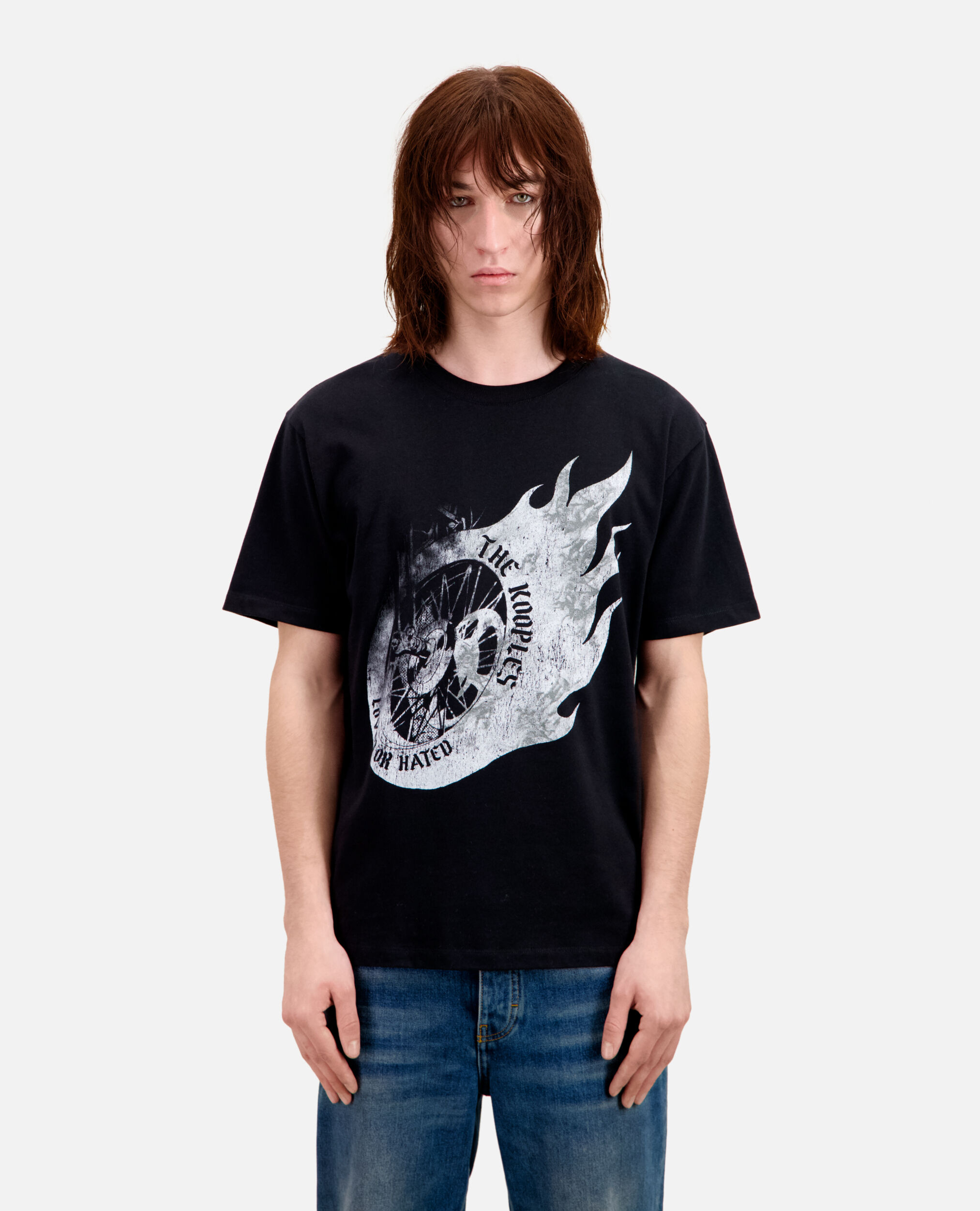Men's black t-shirt with flaming wheel serigraphy, BLACK, hi-res image number null