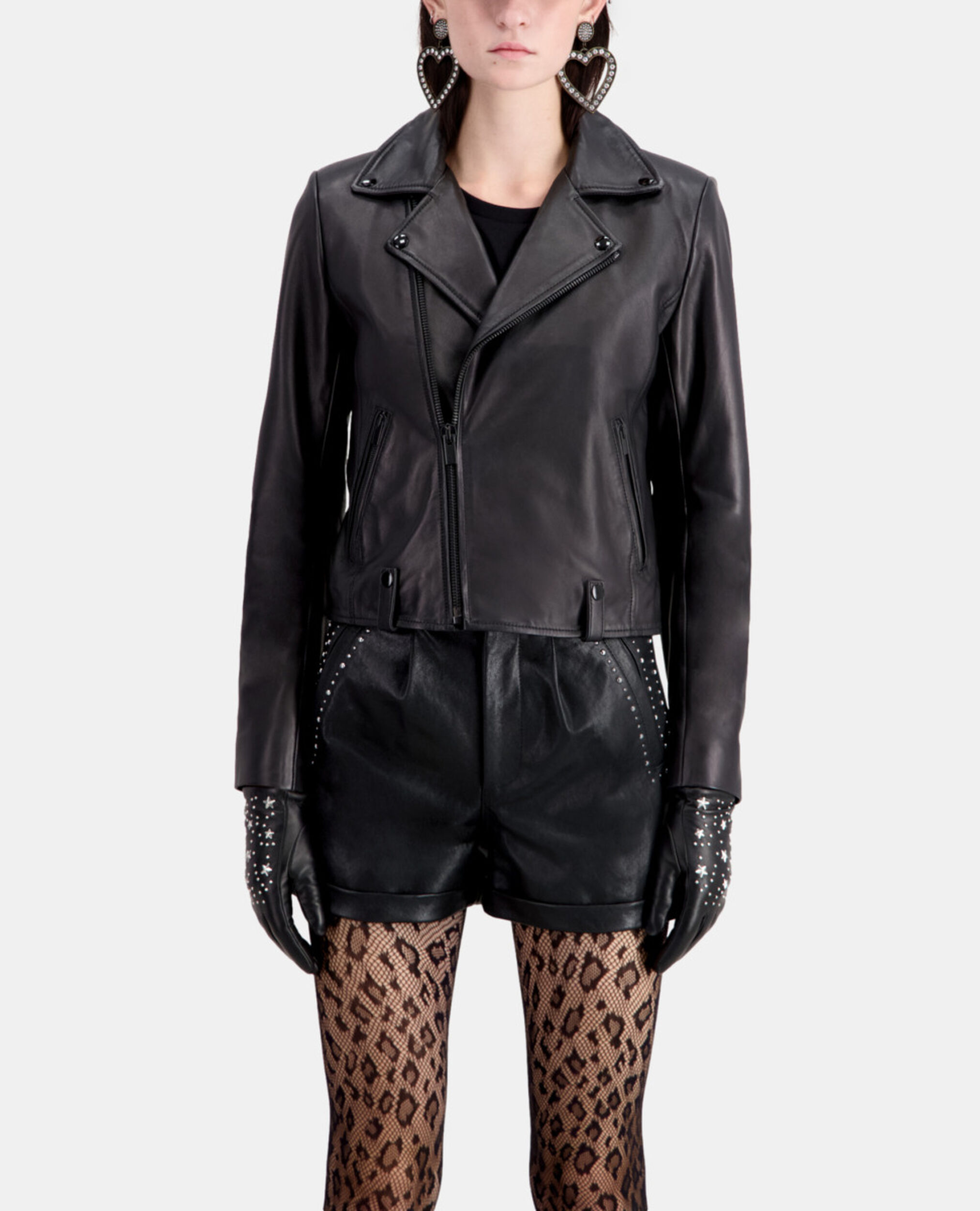 Schwarze Lederhandschuhe Damen mit Sternenmotiv, BLACK, hi-res image number null