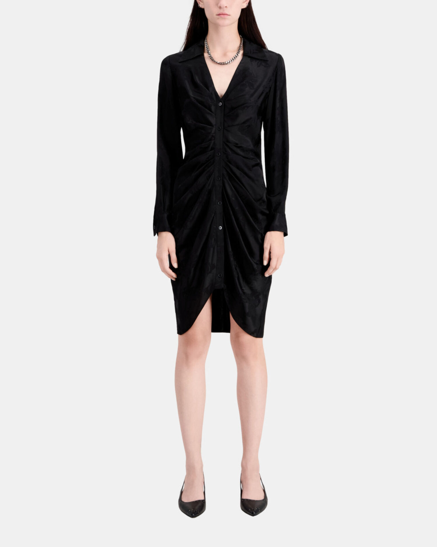 Robe noire mi-longue à fleurs avec fronces, BLACK, hi-res image number null