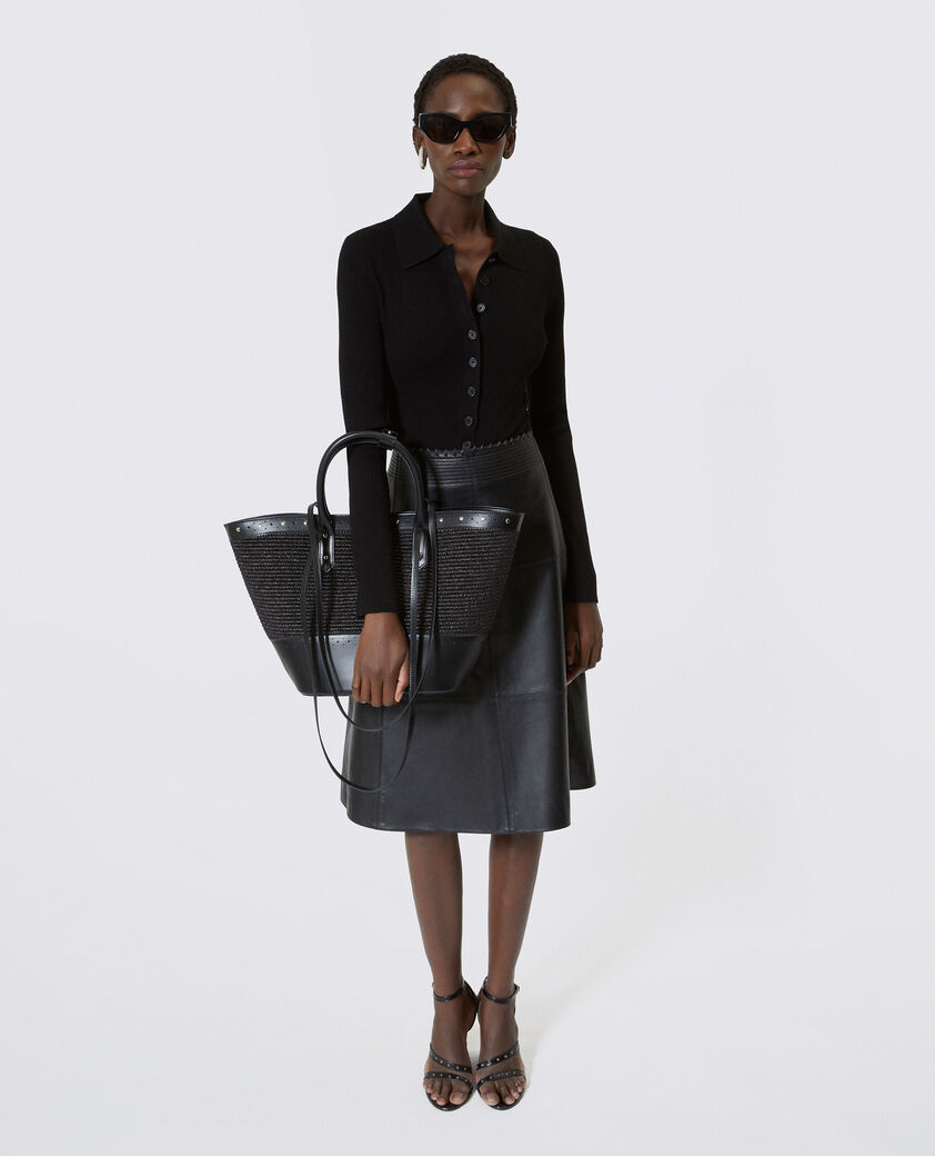 The Kooples FEMME BLACK sac cabas en cuir et raphia noir