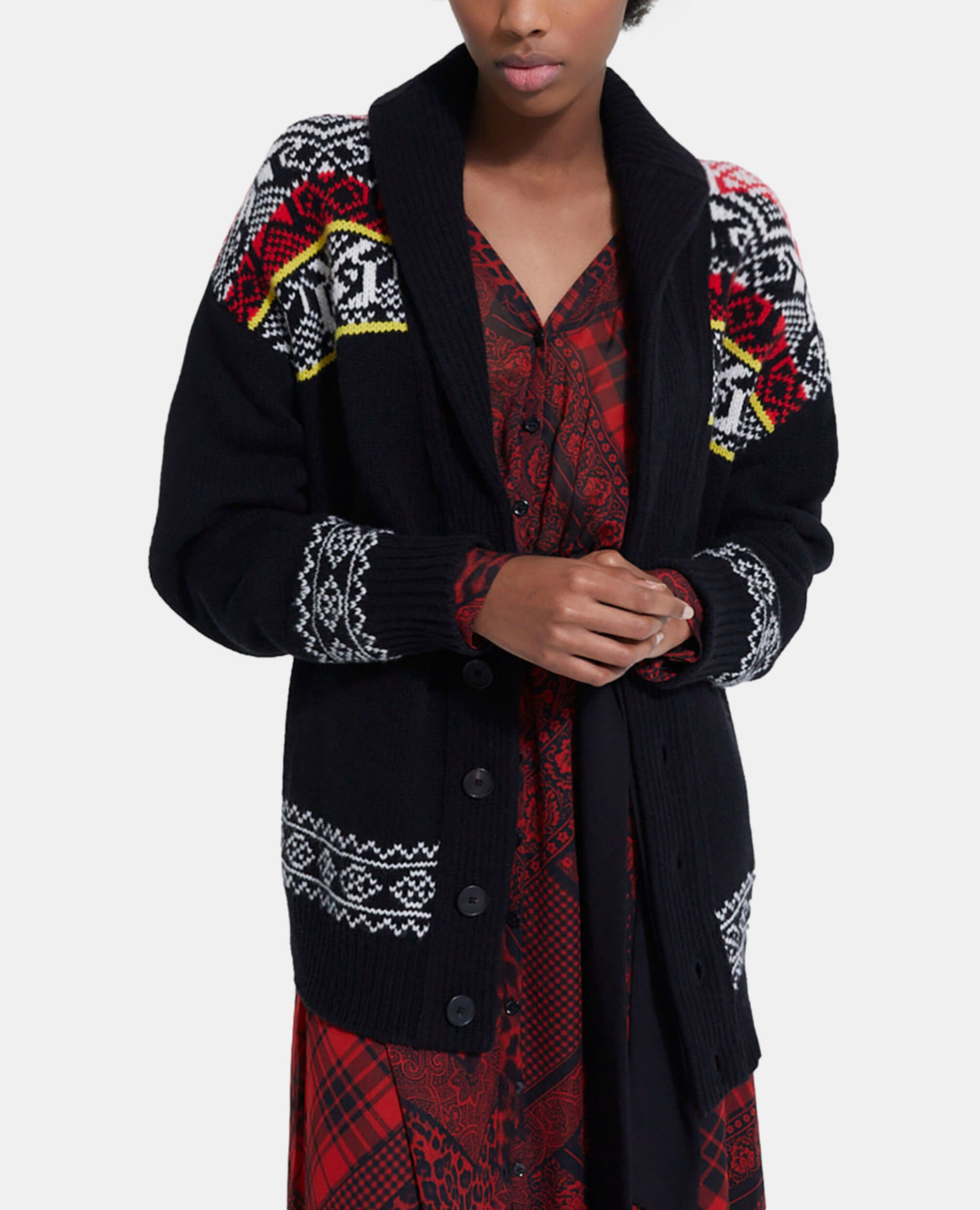 Cardigan en laine à motifs, BLACK / RED / YELLOW, hi-res image number null