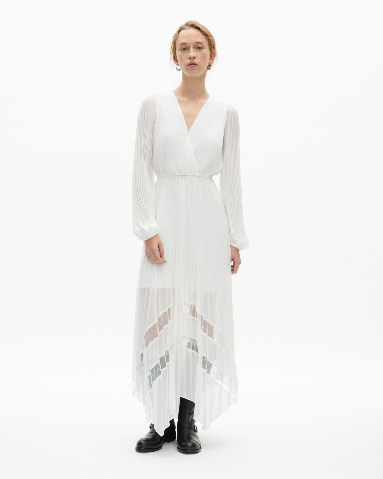 Langes Faltenkleid mit Stickerei in Ecru, ECRU, hi-res image number null