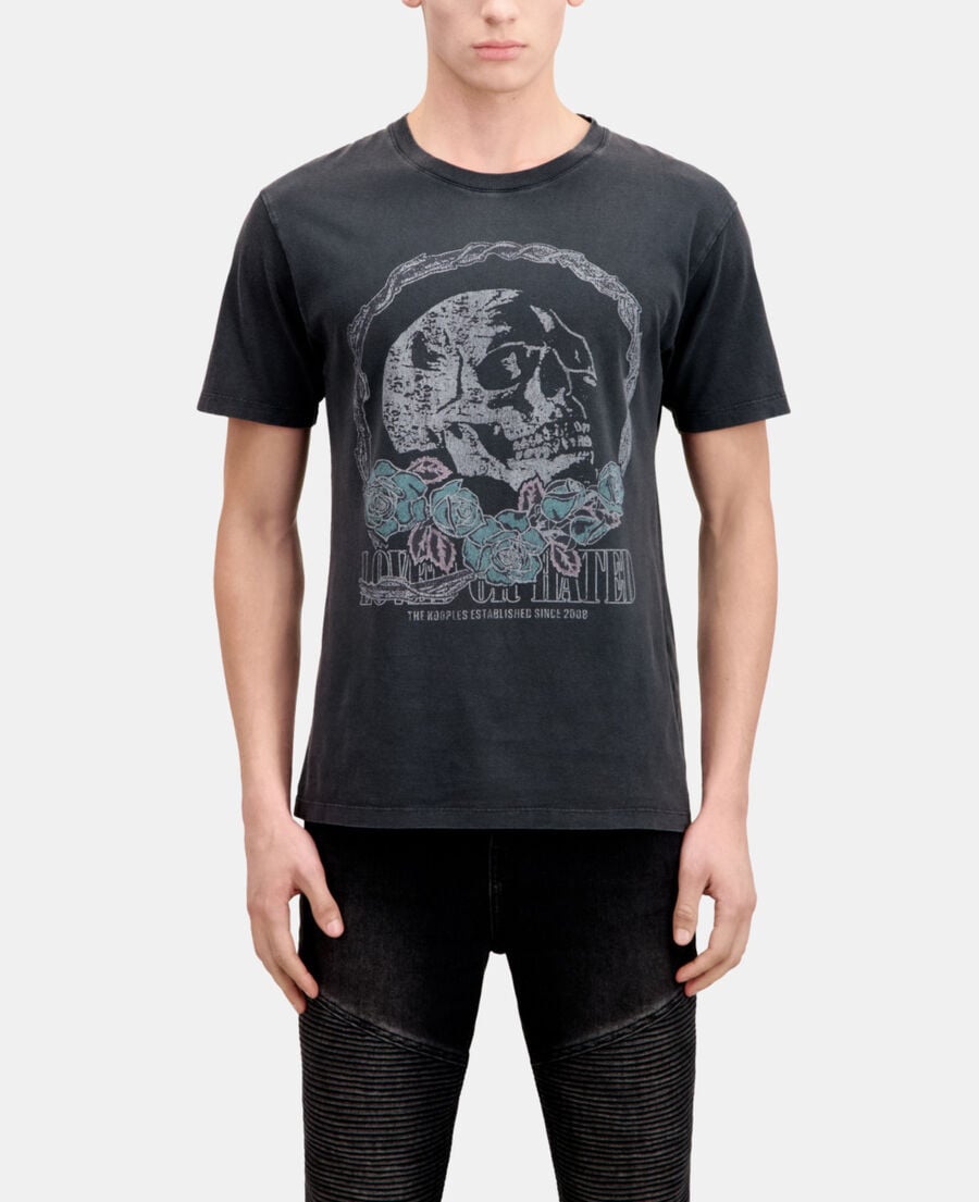 The Kooples HERREN BLACK WASHED schwarzes t-shirt mit vintage-skull-siebdruck