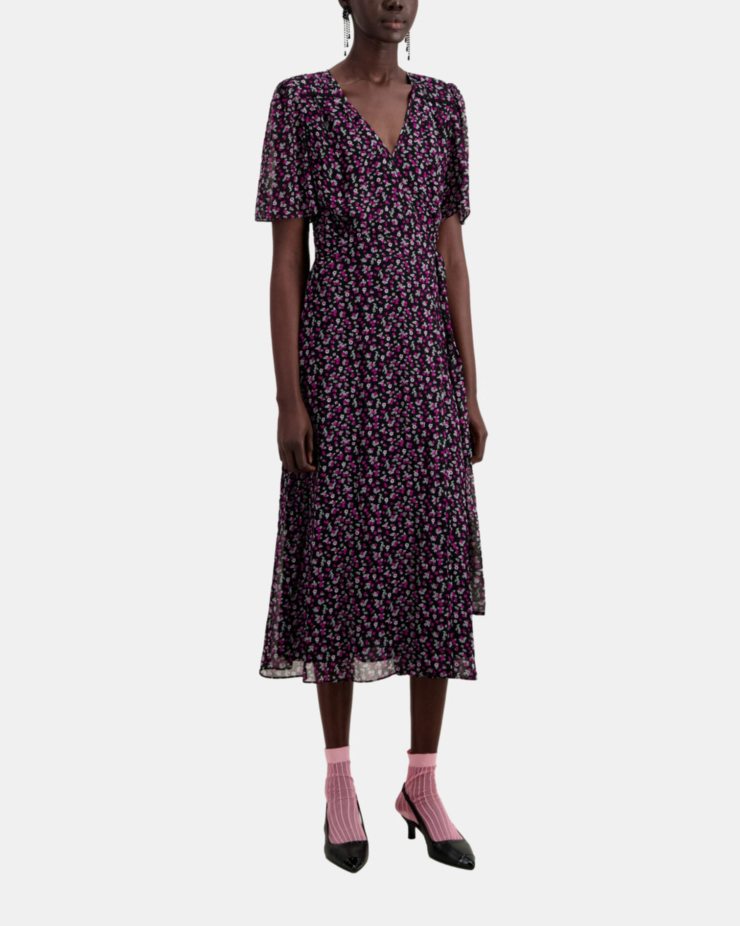 Langes Wickelkleid mit Print, BLACK / PINK, hi-res image number null