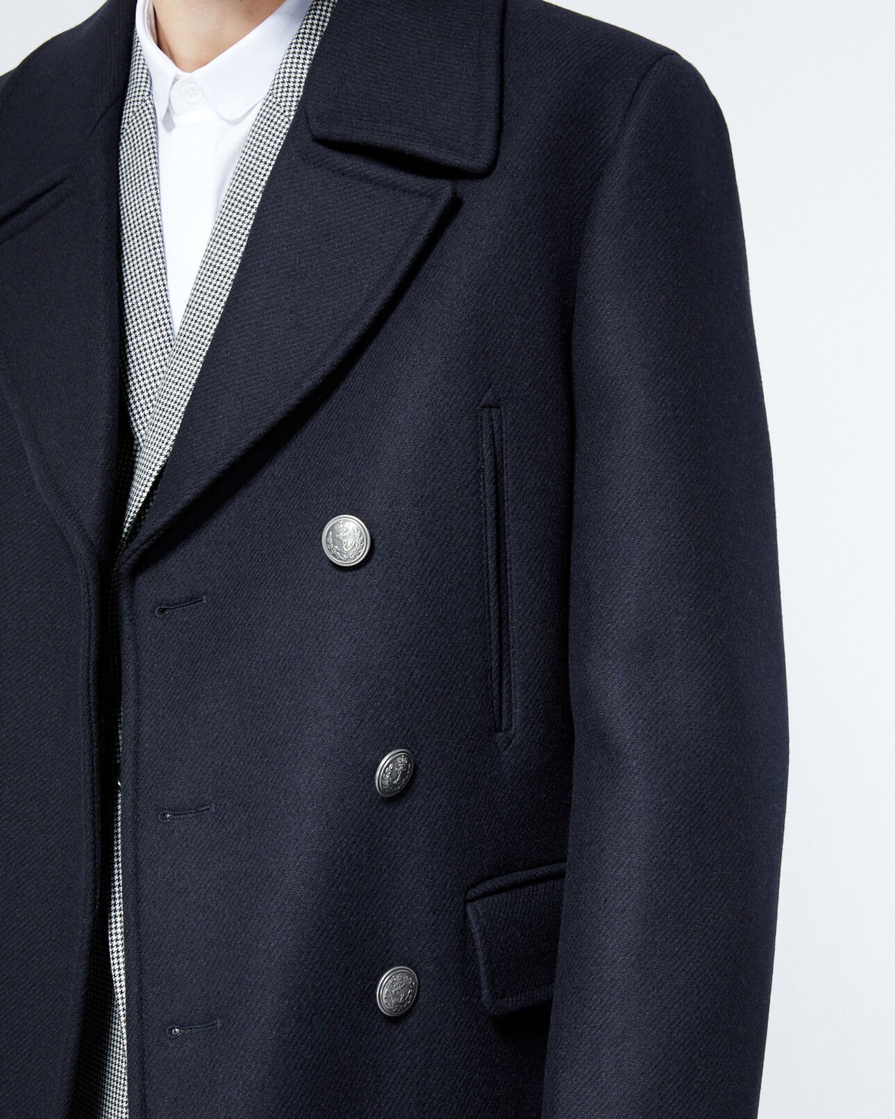 The Kooples MEN NAVY navy blue wool pea coat with black buttons