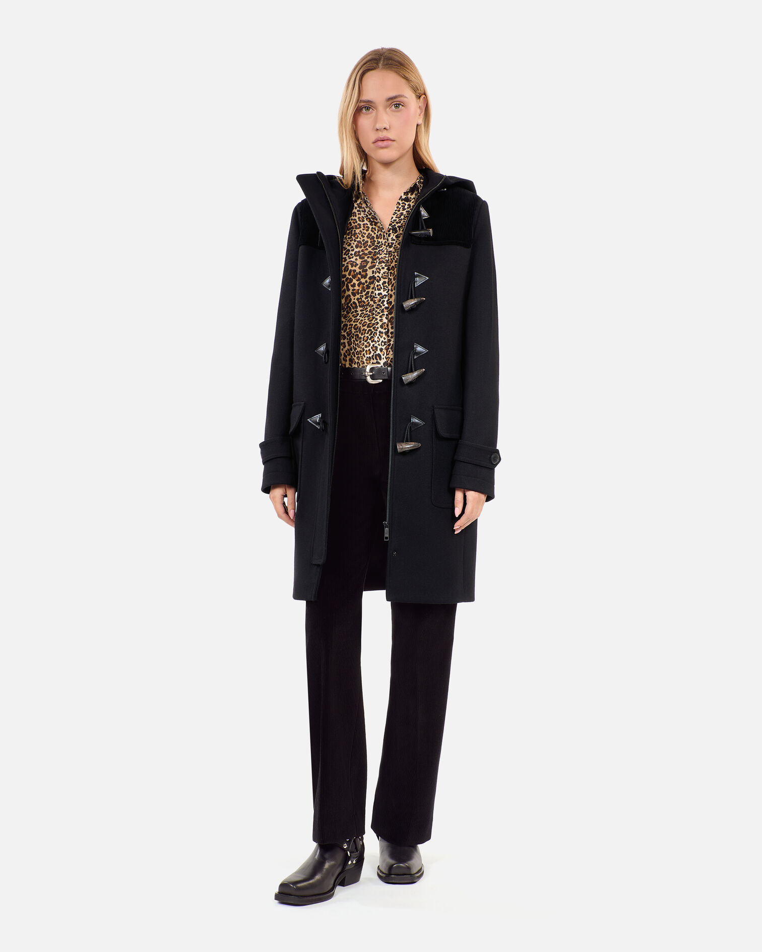 Black hooded pea coat, BLACK, hi-res image number null