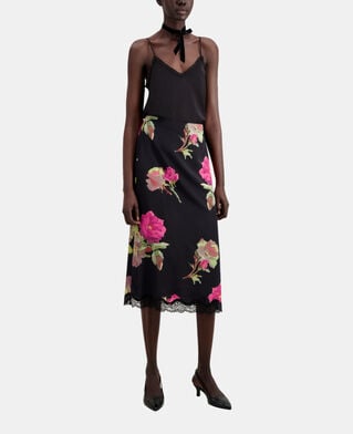 The Kooples WOMEN PINK BLACK long printed silk skirt with lace