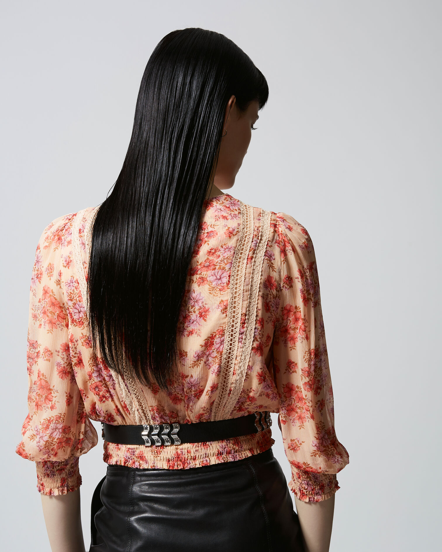 Floral printed pink top with lace detail, LIGHT PINK, hi-res image number null