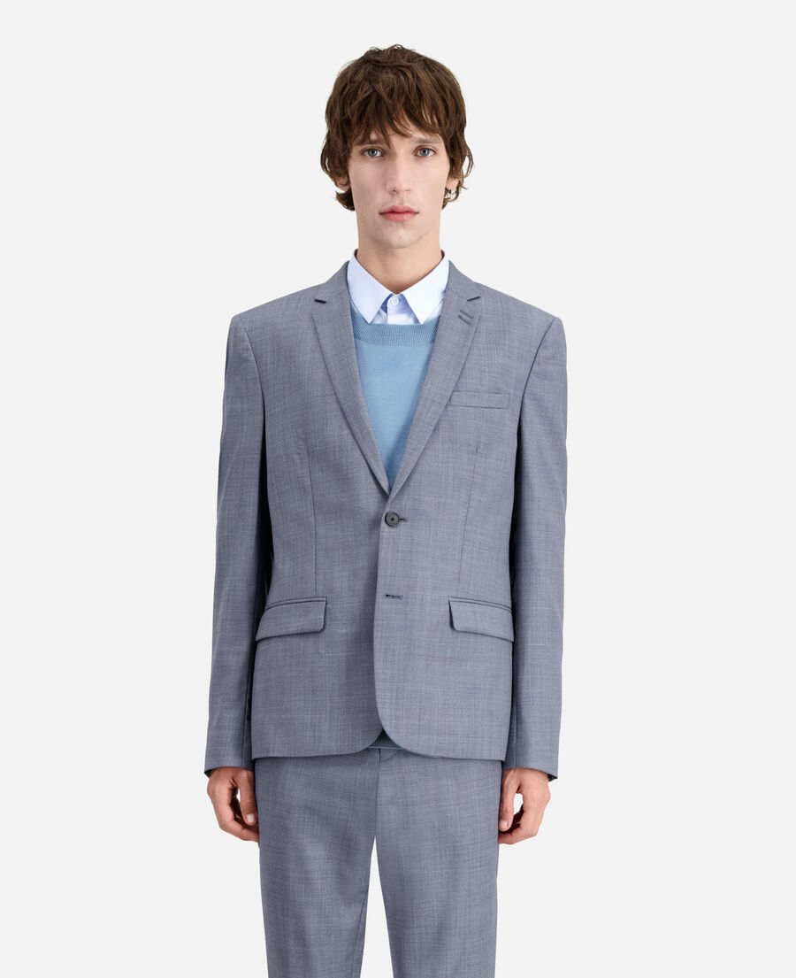 blue and grey checkered wool suit blazer