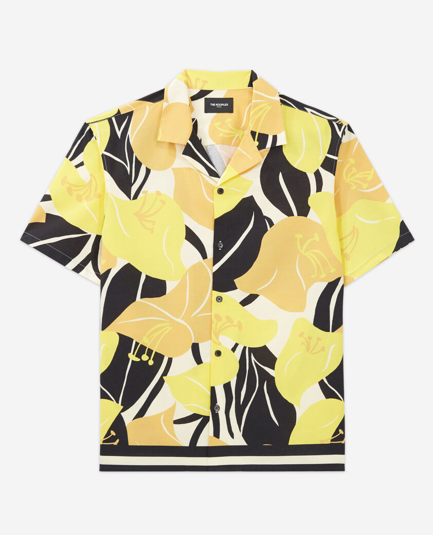 The Kooples HOMME YELLOW BLACK chemise coton jaune imprimé hibiscus