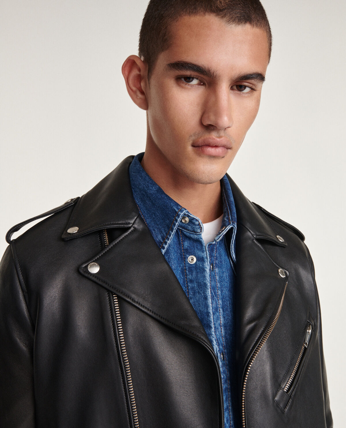 Mens leather jacket deals with collar