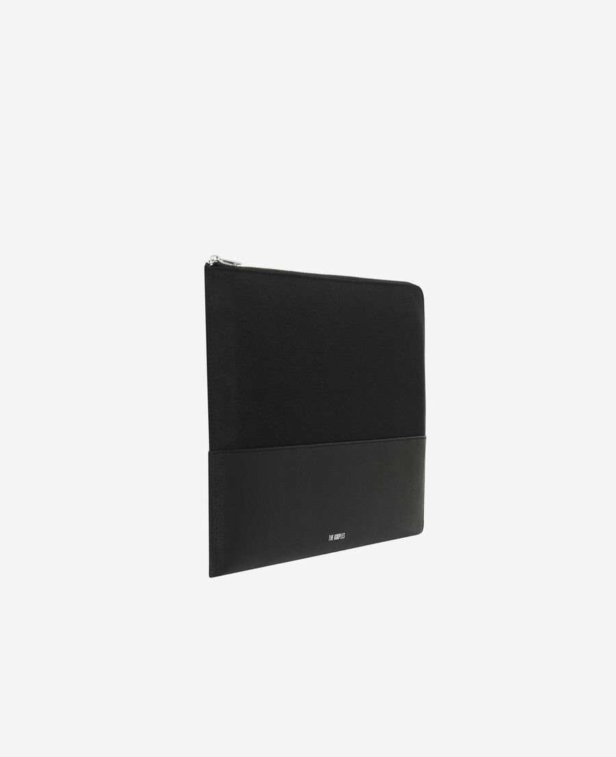 The Kooples HOMME BLACK pochette d'ordinateur en canvas et cuir grainé noir