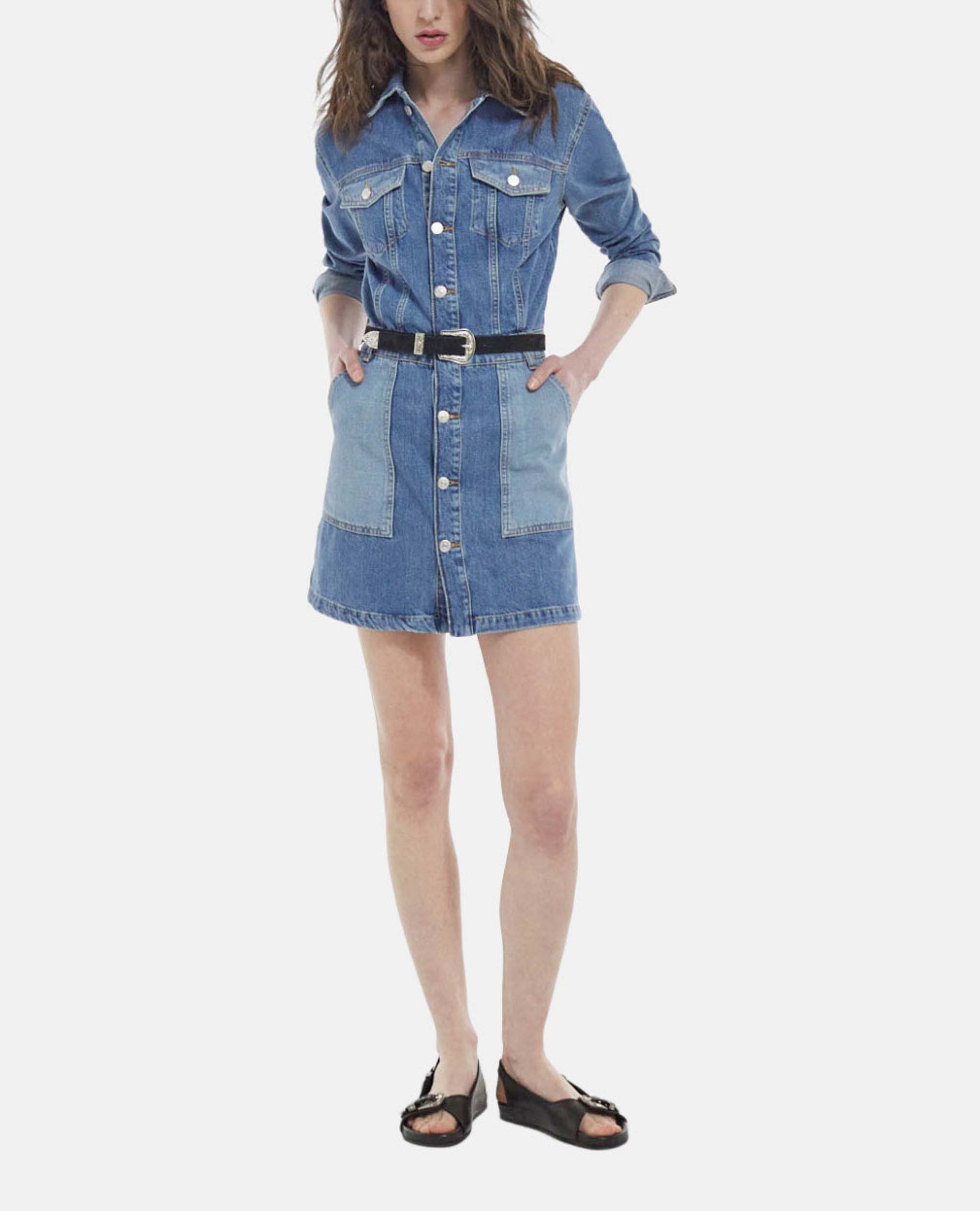 Buttoned faded blue short denim dress, BLUE WASHED, hi-res image number null