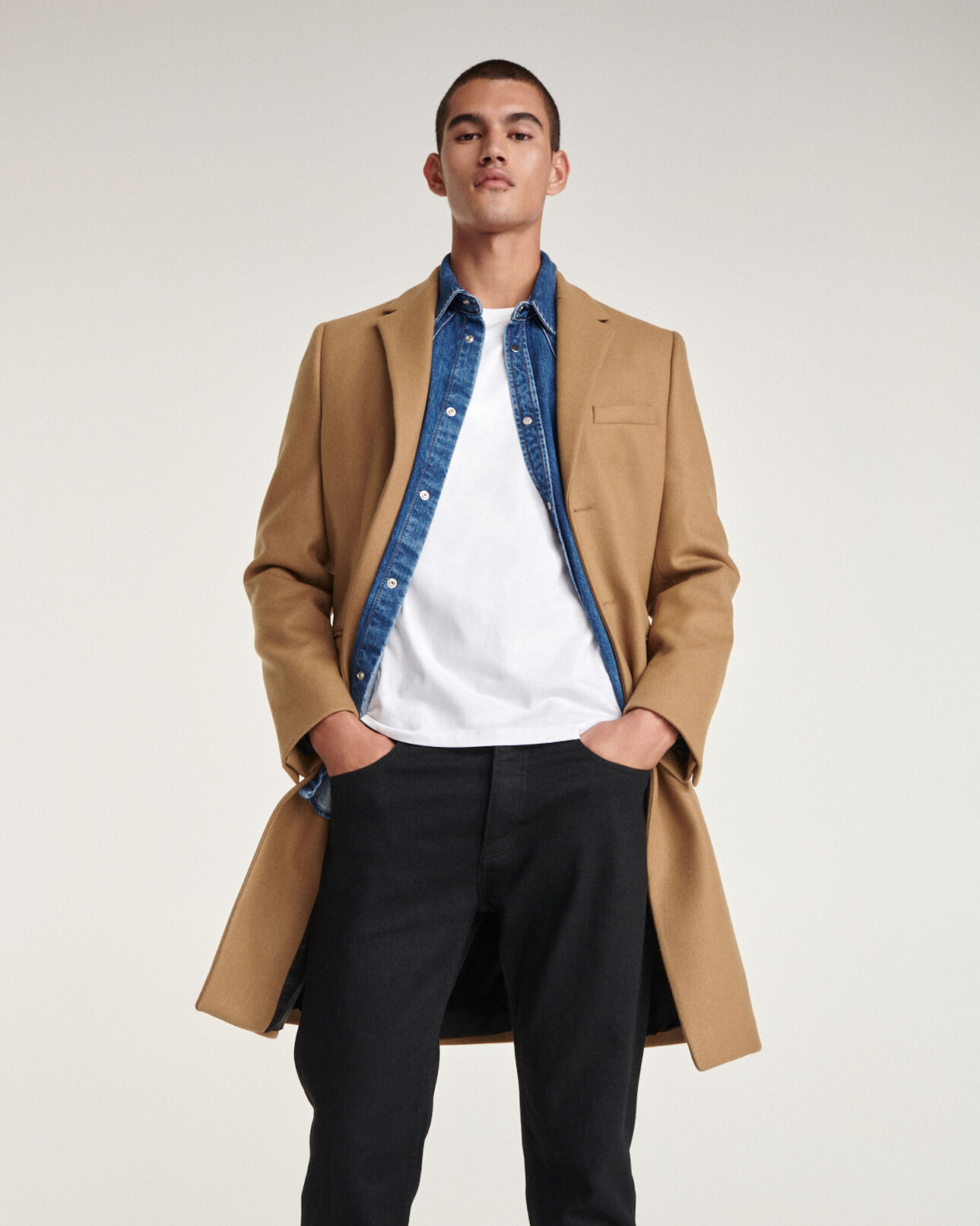 The Kooples HOMME CAMEL manteau laine beige droit à détail cuir