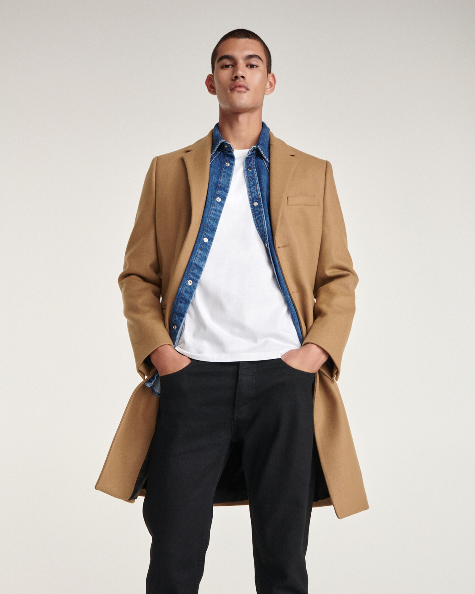 Manteau laine beige droit à détail cuir, CAMEL, hi-res image number null