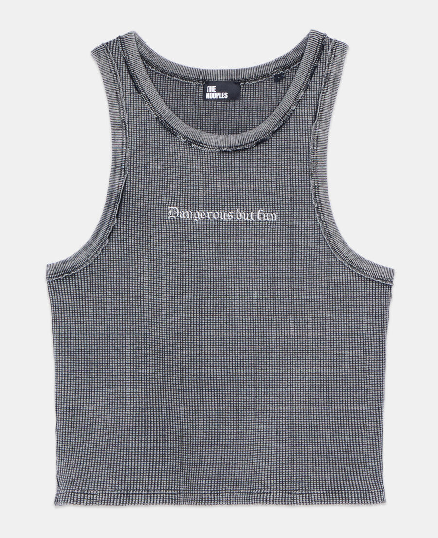 The Kooples F BLACK WASHED black tank top with dangerous but fun serigraphy