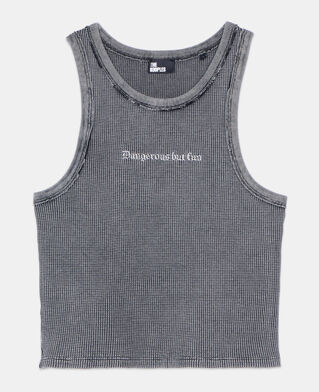 The Kooples F BLACK WASHED black tank top with dangerous but fun serigraphy
