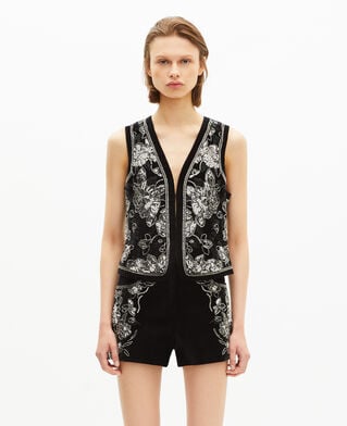 The Kooples WOMEN BLACK-ANTIC SILVER black embroidered velvet vest
