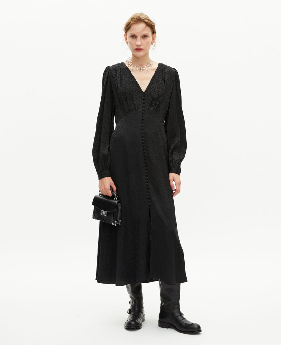 The Kooples FEMME BLACK robe longue en jacquard l&eacute;opard noire
