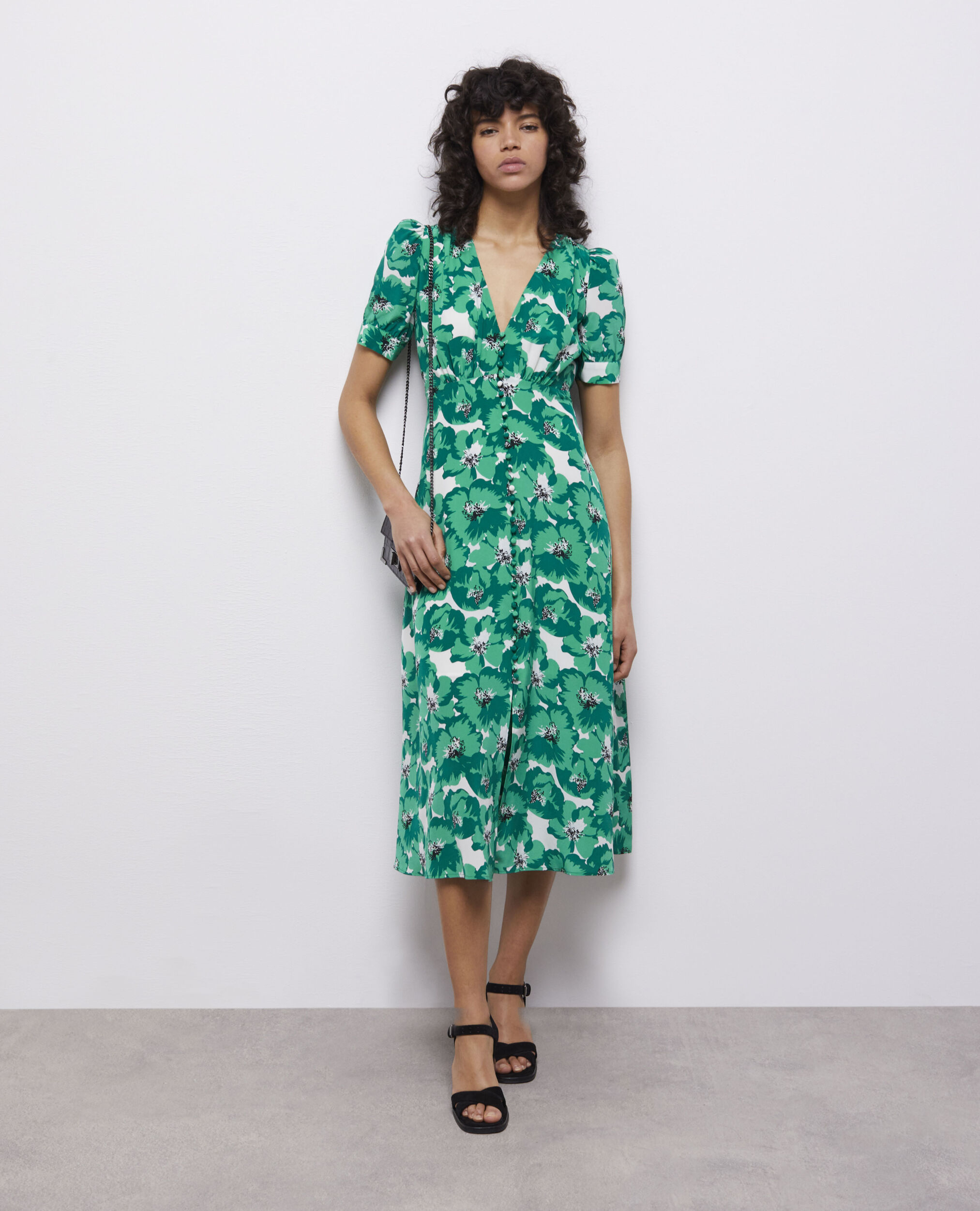 Long printed dress with buttoning, GREEN, hi-res image number null