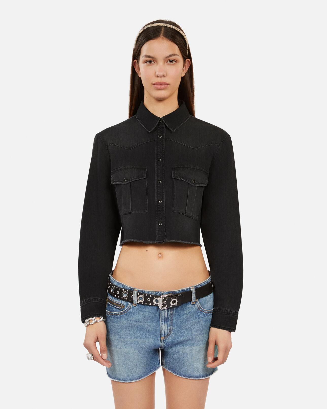 The Kooples WOMEN BLACK WASHED short grey denim shirt